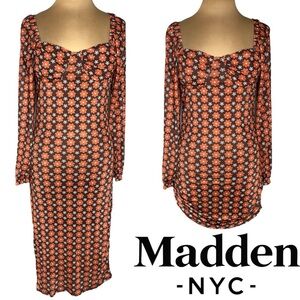 Madden NYC retro floral mesh bodycon dress size Large brown orange floral print